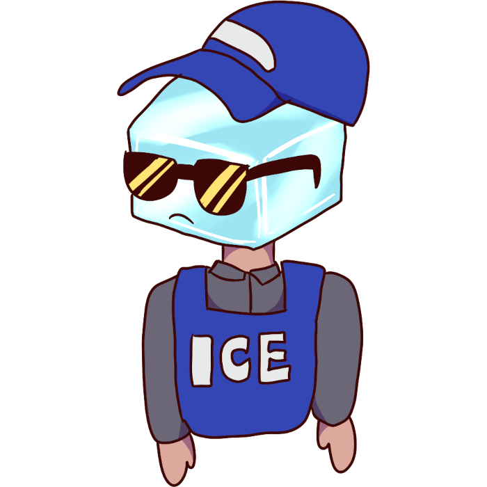  a person wearing a bulletproof vest and a baseball cap and sunglasses. they have an ice cube for a head